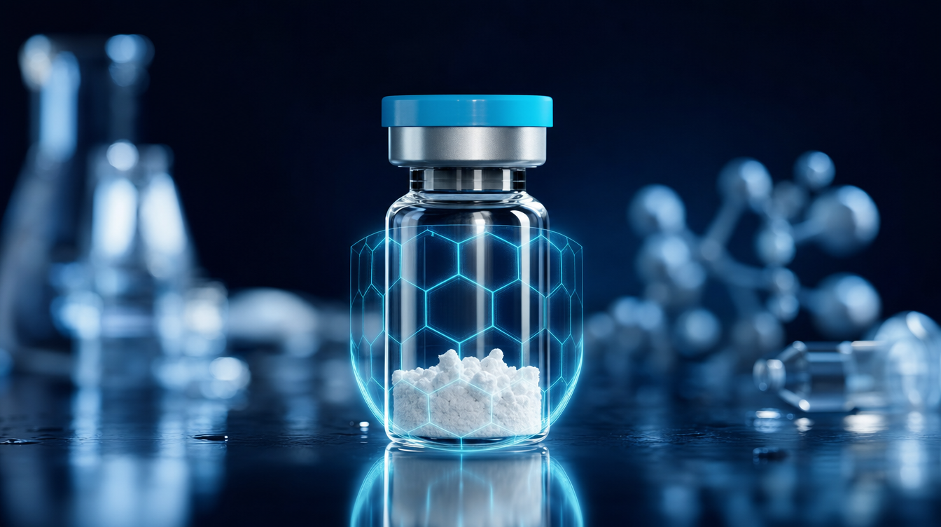Research peptide vial with a cyan verified glow — BPC-157 quality and COA