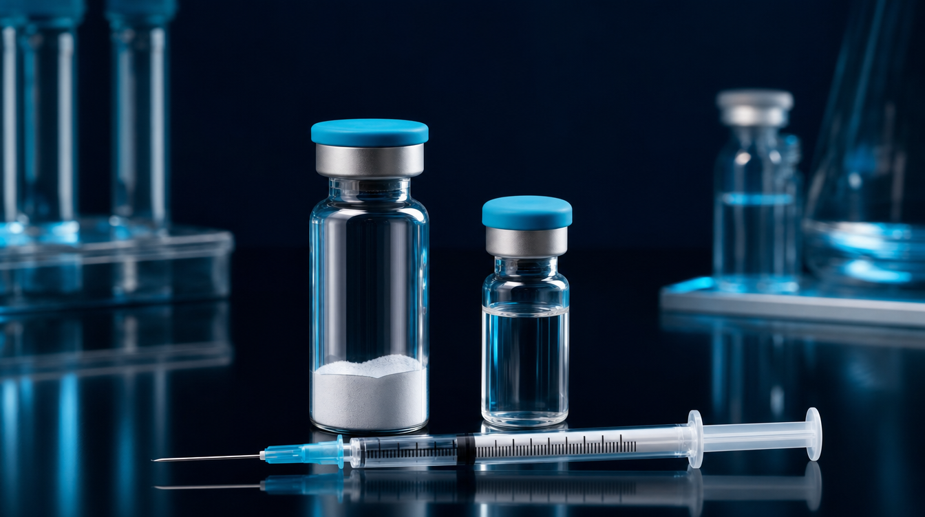 Research peptide vial with insulin syringe and bacteriostatic water — reconstitution in the lab