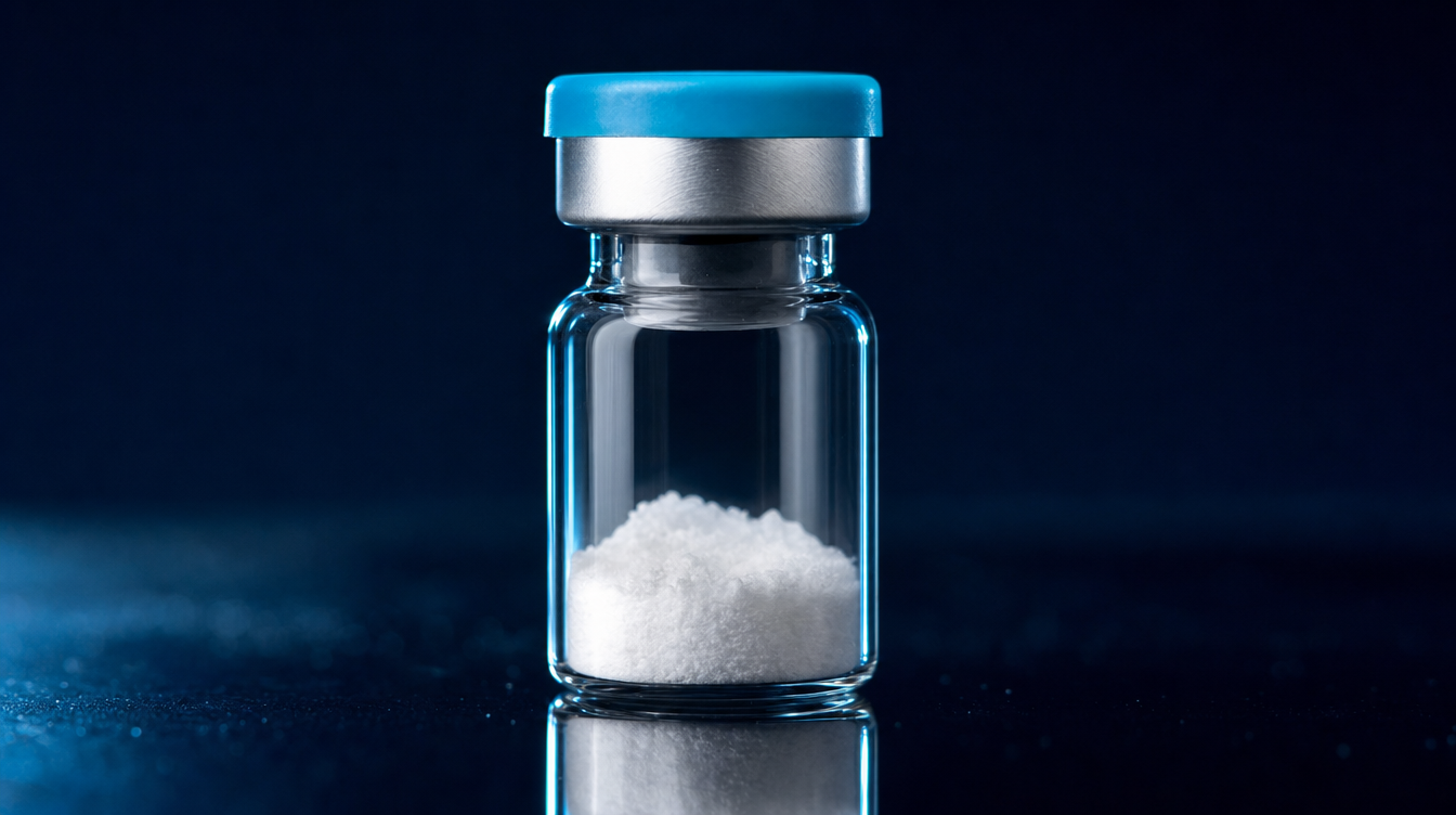 Research peptide vial with lyophilised powder, cyan cap and metal collar in laboratory lighting