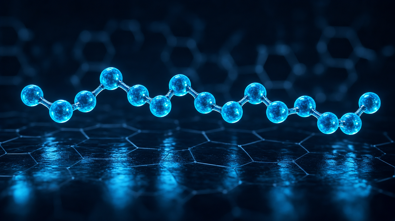 Abstract cyan 15-amino-acid pentadecapeptide chain on a dark background — LYSENTA