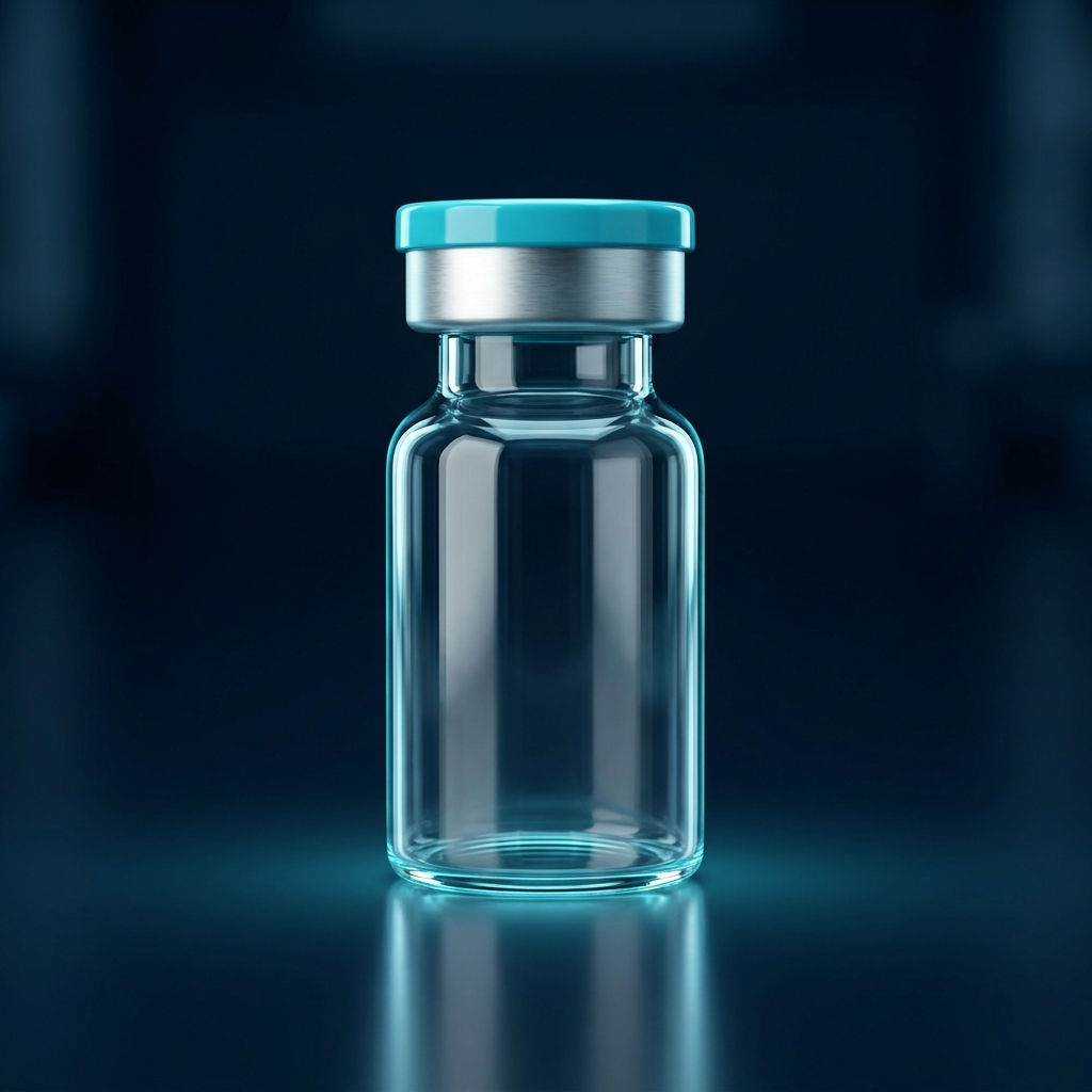 Premium research peptide vial with a cyan cap and metal collar in laboratory lighting