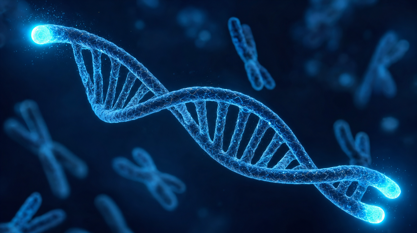 Cyan visualisation of a tetrapeptide and telomeres — Epithalon longevity research