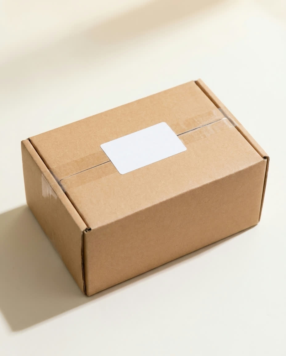 Gesloten neutrale verzenddoos met verzendlabel, klaar voor PostNL