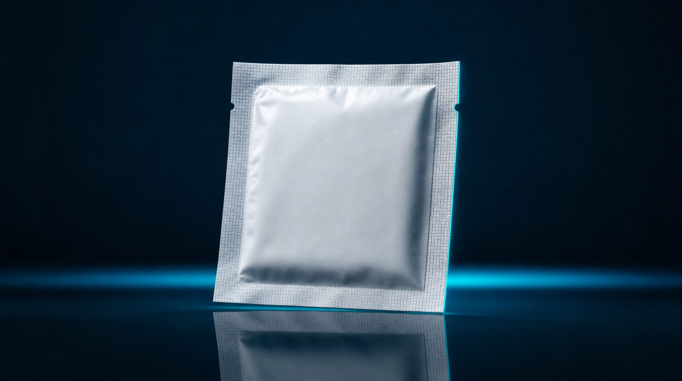 Visualisation of a sealed alcohol wipe on a dark surface — sterile preparation during reconstitution