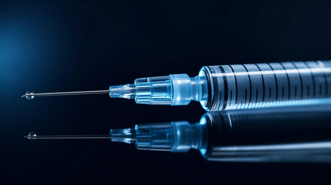 Macro-visualisation of the fine needle and scale markings on an insulin syringe — 0.5 ml reconstitution